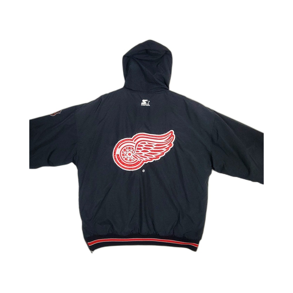 Detroit Red Wings Starter Bomber Jacket Mens Large Black NHL Vintage Hooded